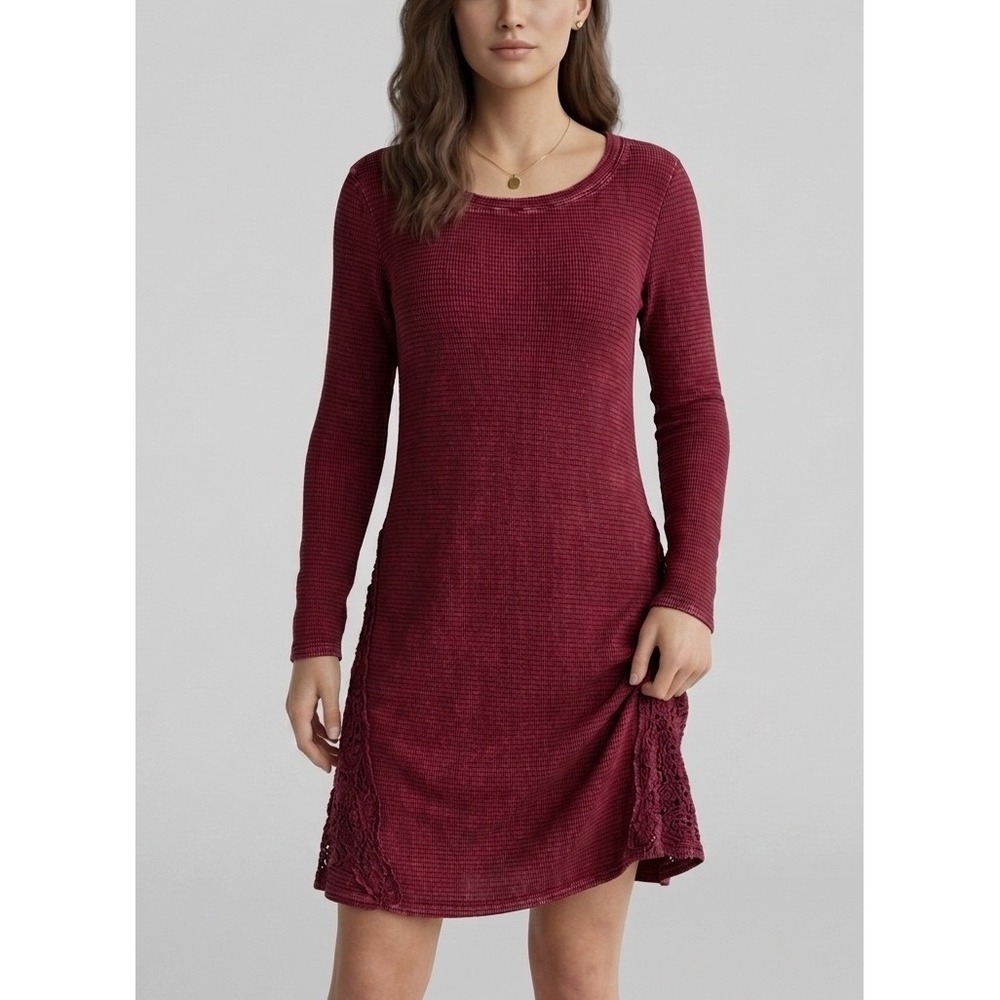 Able Boho Cottagecore Maroon Waffle Knit Crochet Trim Long Sleeve Mini Dress S
